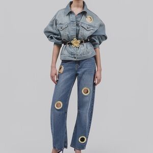 2pcs Gold Grommet Denim Blue Jeans with Unique Accents Jacket and Belt included